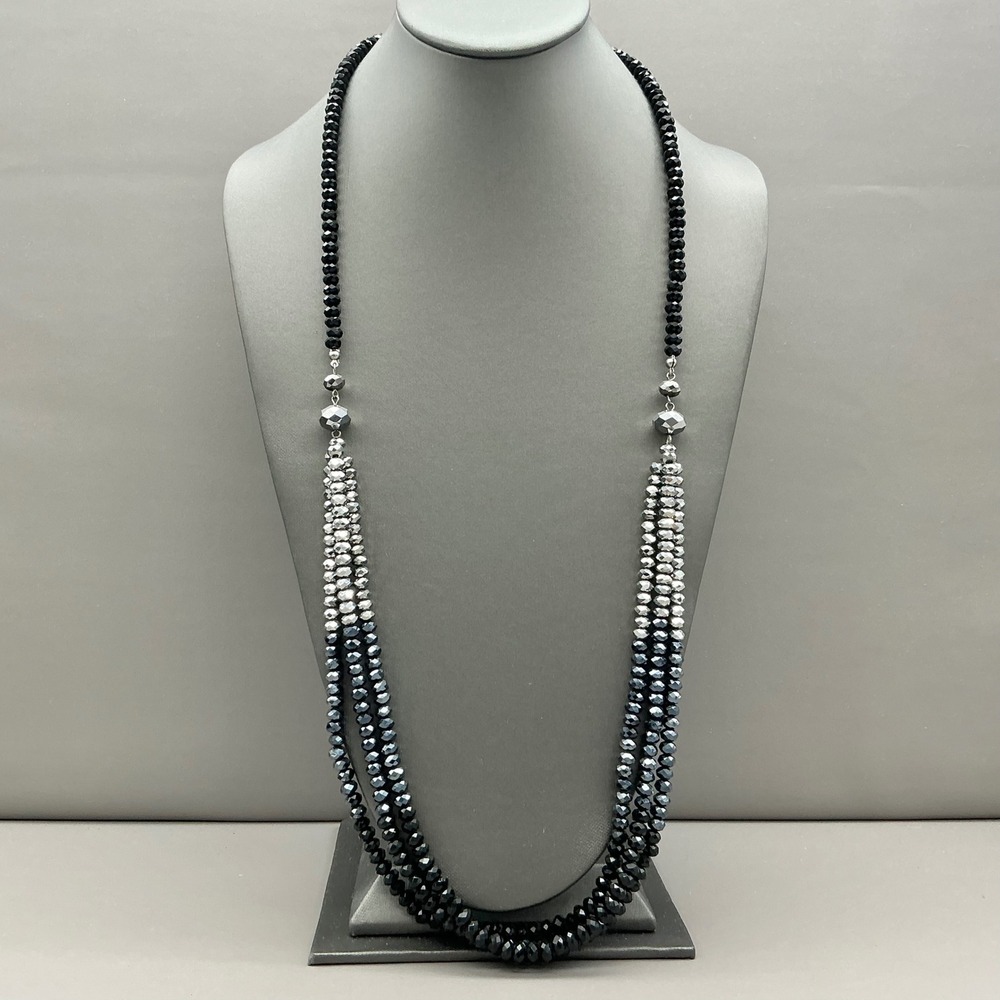Beaded Layered Necklace Women Black Silver Ombre Multi Strand Fashion Jewelry